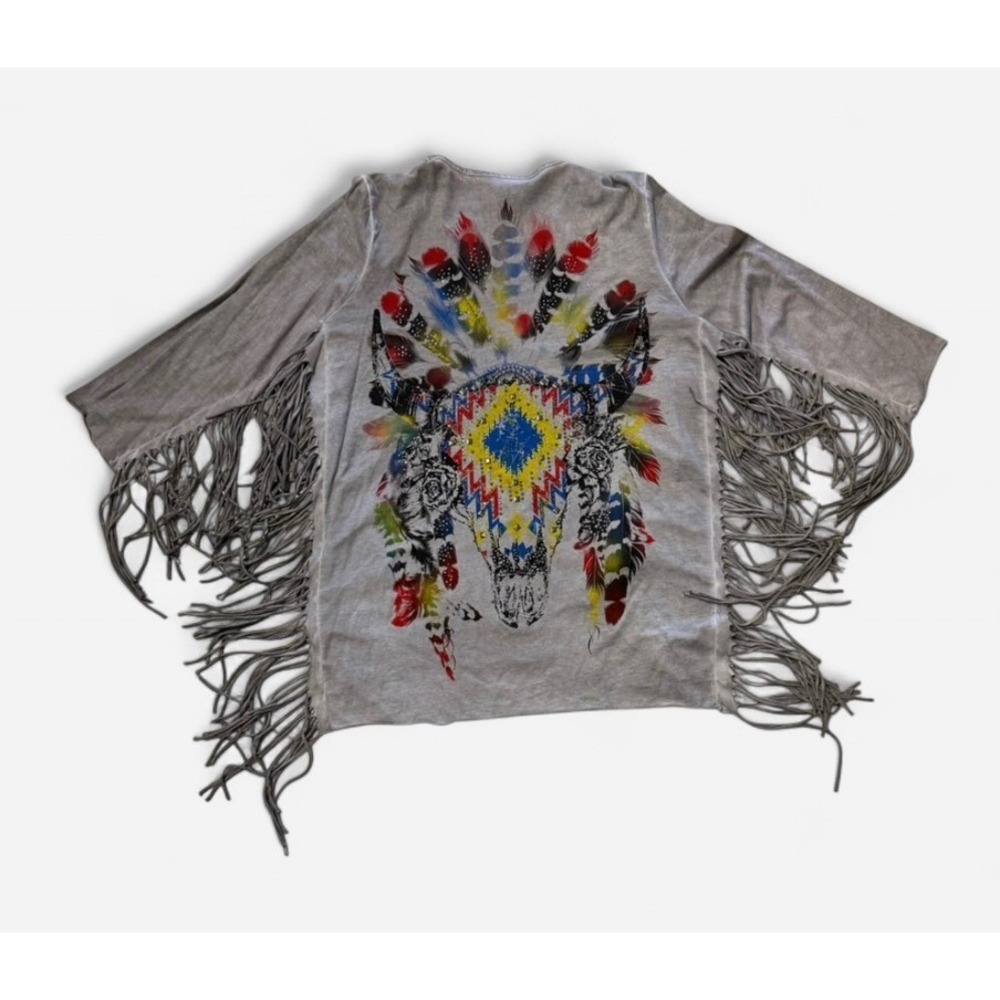 Vocal Cardigan Gray Bull Skull Fringe Rhinestone Western Boho Festival Medium